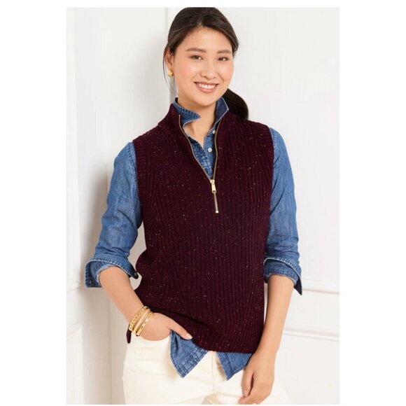 Talbots Ribbed Half-Zip Sweater Vest Womens Small Rich Burgundy Tweed Cotton - Picture 1 of 6